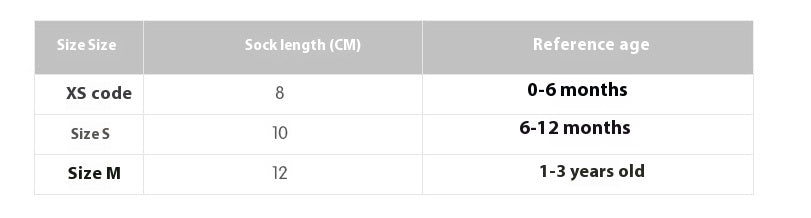Baby sock size chart with XS, S, M codes, sock lengths in CM, and corresponding reference ages.
