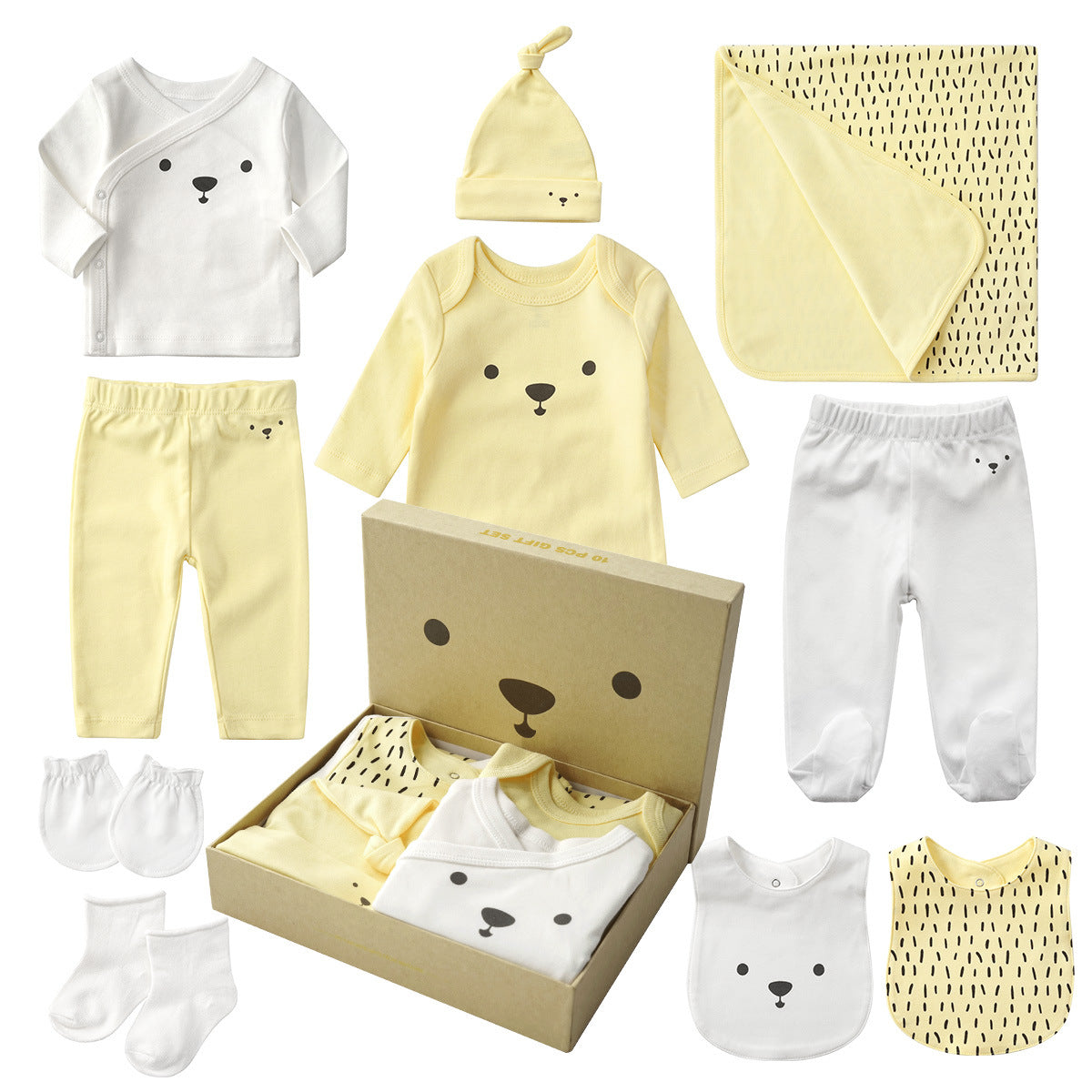 10-piece baby gift set with white and yellow cotton clothes featuring a bear face design.