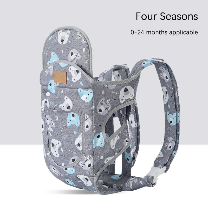 Gray ergonomic baby carrier with cute bear and elephant print, front pocket, and adjustable straps.