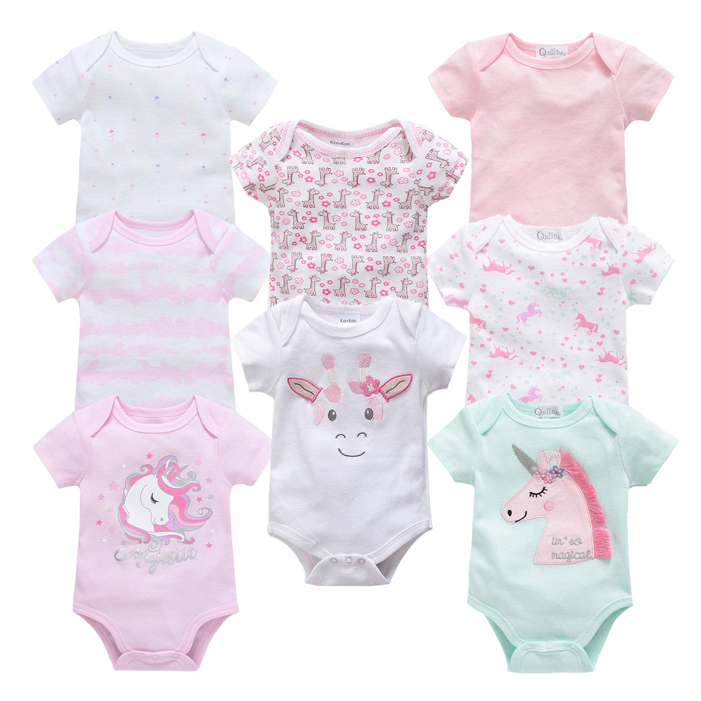 Set of 8 short-sleeve baby cotton bodysuits in pink, white, and mint with unicorn and giraffe prints.