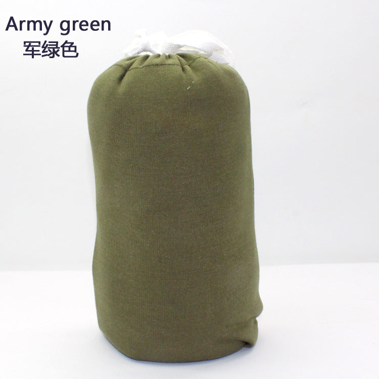 Army green soft cotton baby wrap carrier, compactly folded in a drawstring bag.