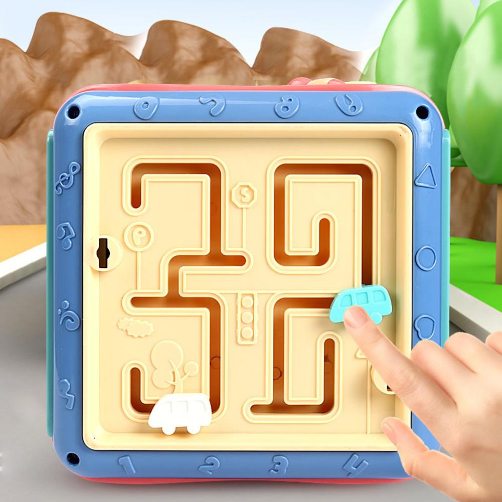 Colorful Montessori activity cube with a car maze, bead labyrinth, and learning clock for toddlers.
