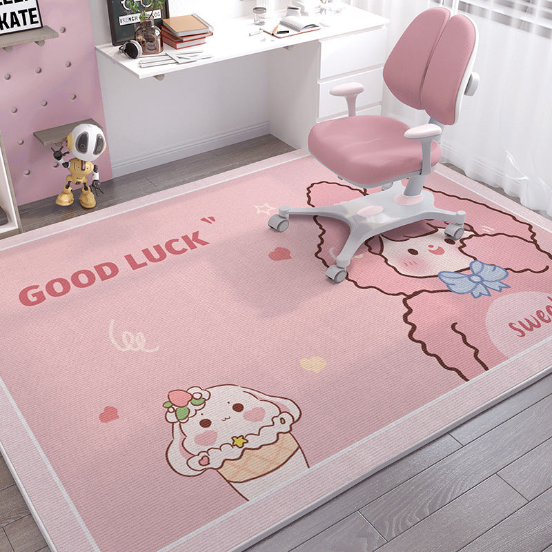 Pink crystal velvet kids' rug with "Good Luck" text and cute cartoon ice cream and poodle designs.