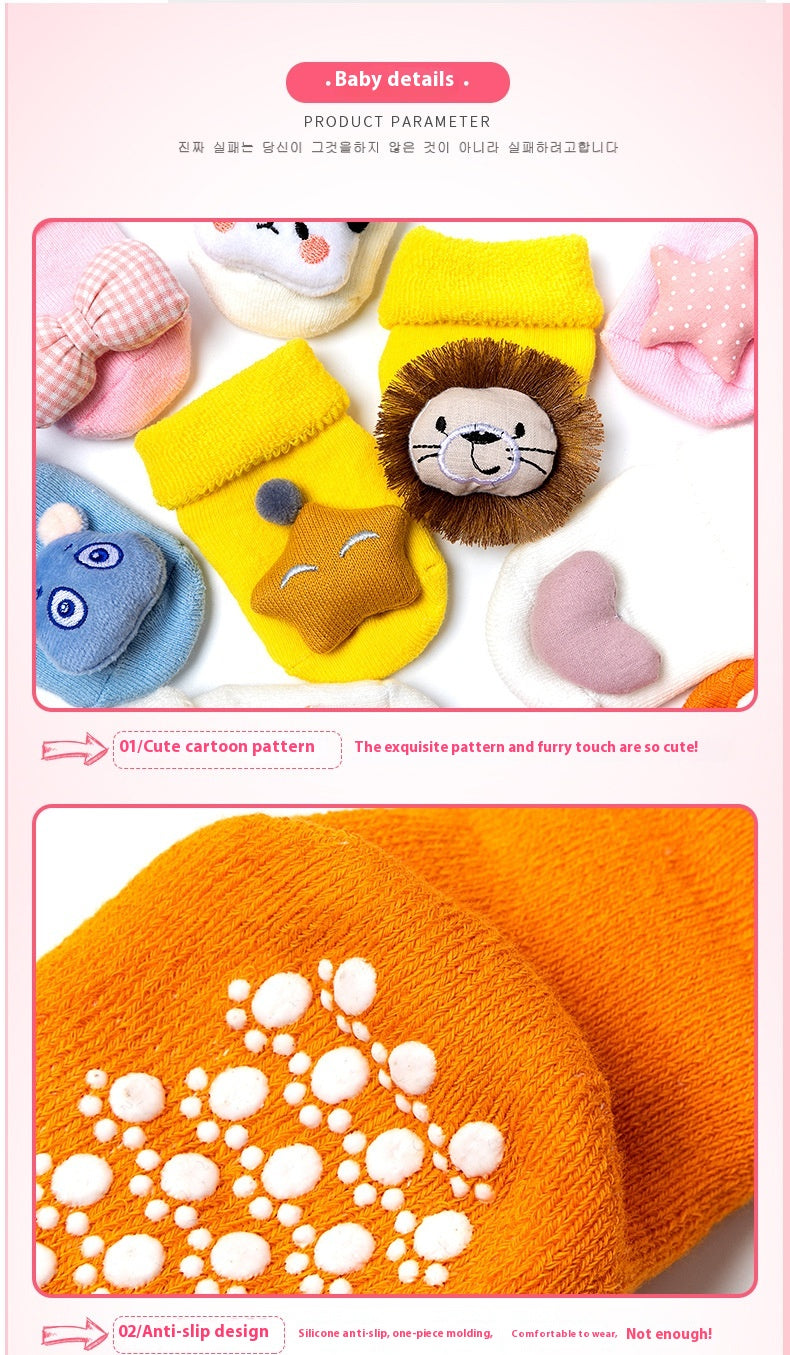 Colorful cotton baby socks with cute animal designs and anti-slip grips.