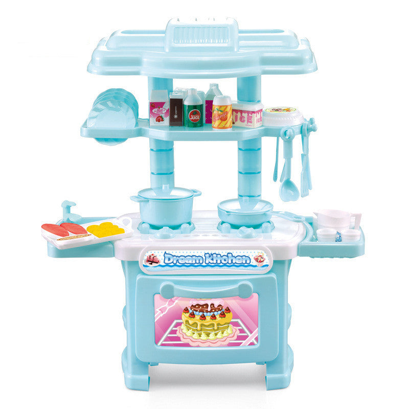 Light blue plastic miniature play kitchen set with oven, stovetop, shelves, and toy food accessories.