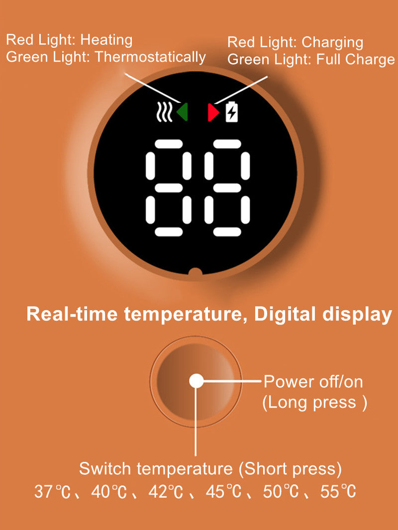 Digital display of a portable USB bottle warmer showing temperature, heating, and charging indicators.