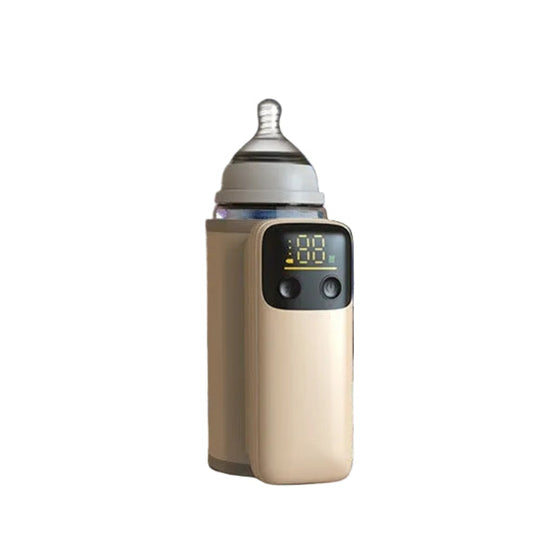Portable smart baby bottle warmer with 8000mAh battery, beige, with digital display, against a leafy background.