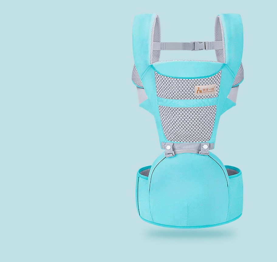 Ergonomic turquoise baby waist carrier with breathable mesh and adjustable straps.
