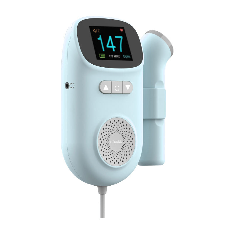 Light blue digital fetal doppler monitor with a clear TFT screen displaying 147 bpm, speaker, and probe.
