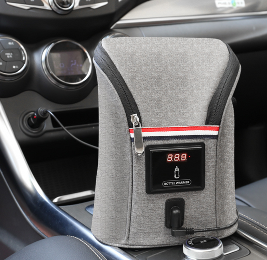 Gray Oxford cloth portable car bottle warmer with digital temperature display and USB charging.