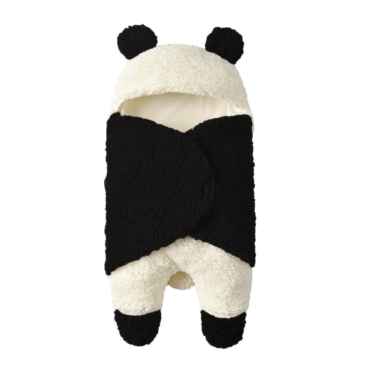 Soft black and white fleece panda baby swaddle blanket with hood and ears.