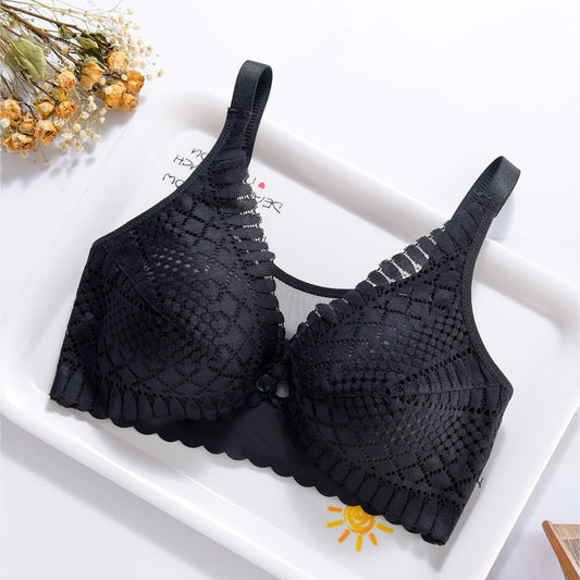 Black lace maternity nursing bra with comfortable front closure and supportive design.