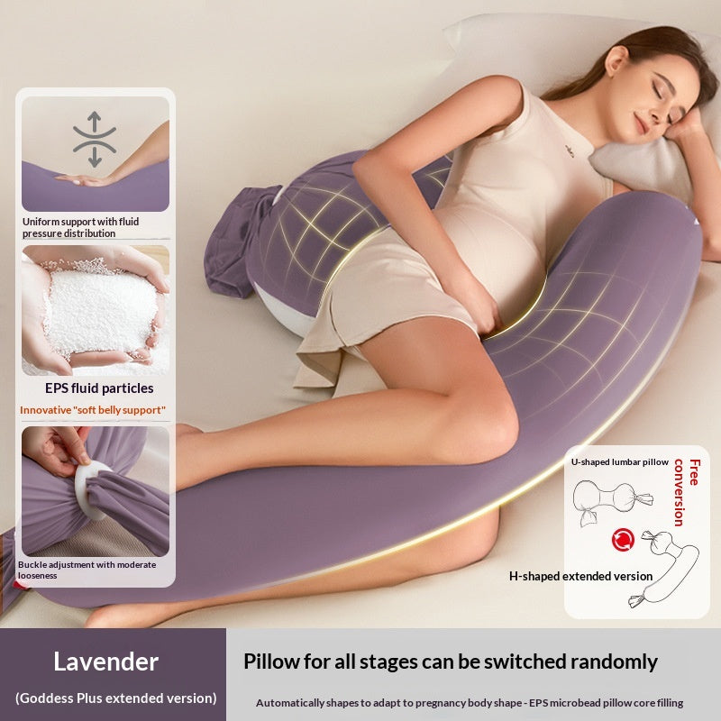Lavender U-shaped pregnancy pillow supporting a sleeping pregnant woman, with EPS fluid particles and buckle adjustment.