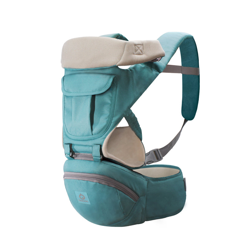 Teal ergonomic baby carrier with breathable hip seat, padded straps, and storage pockets.
