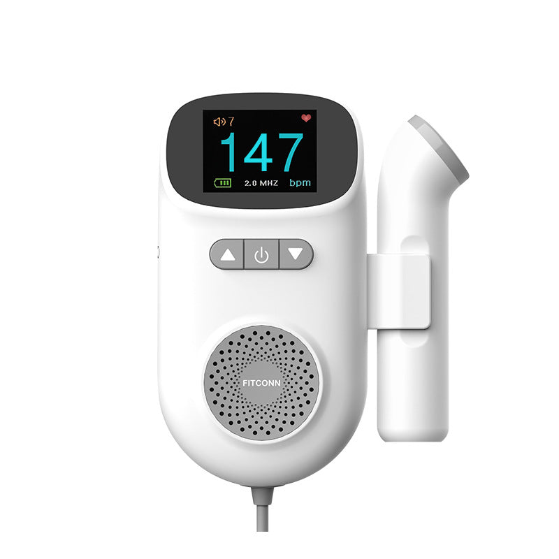 White digital fetal doppler monitor with a large display showing "147 bpm" and a detachable probe.