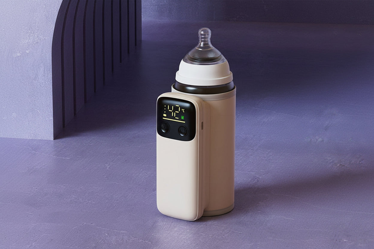 Portable smart baby bottle warmer with 8000mAh battery, digital display, and night light.