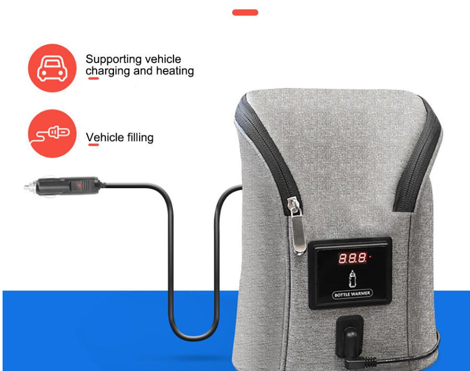 Gray portable car USB bottle warmer with digital temperature display and black zipper.