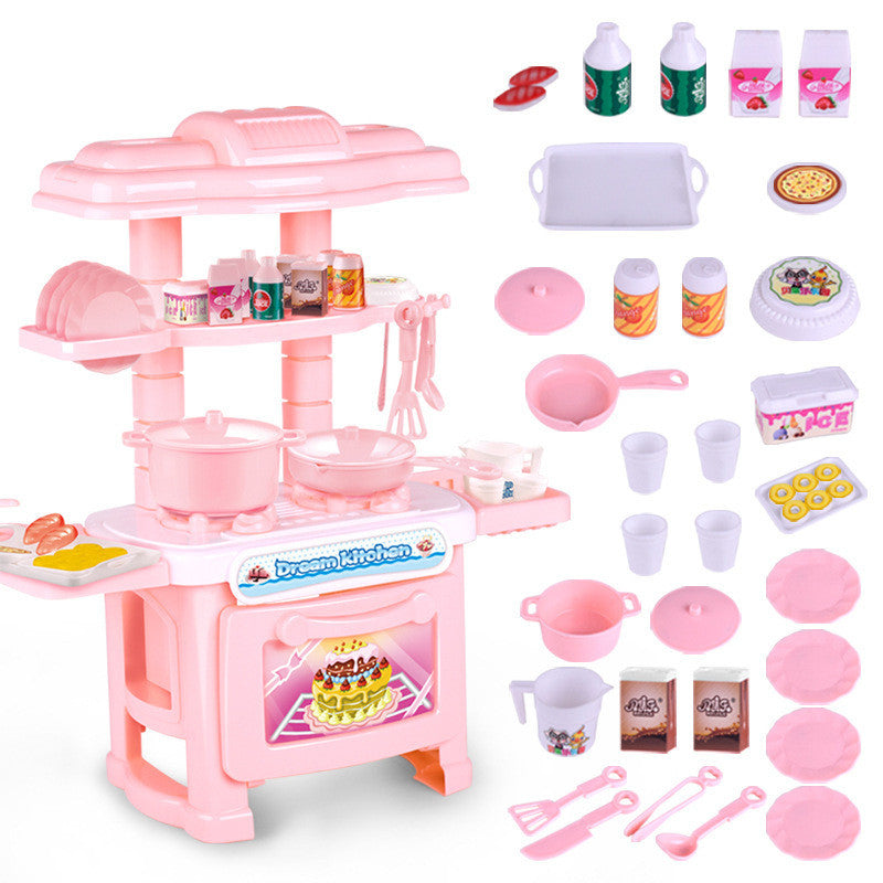 Pink plastic miniature kitchen playset with stove, oven, pots, pans, dishes, and food accessories.