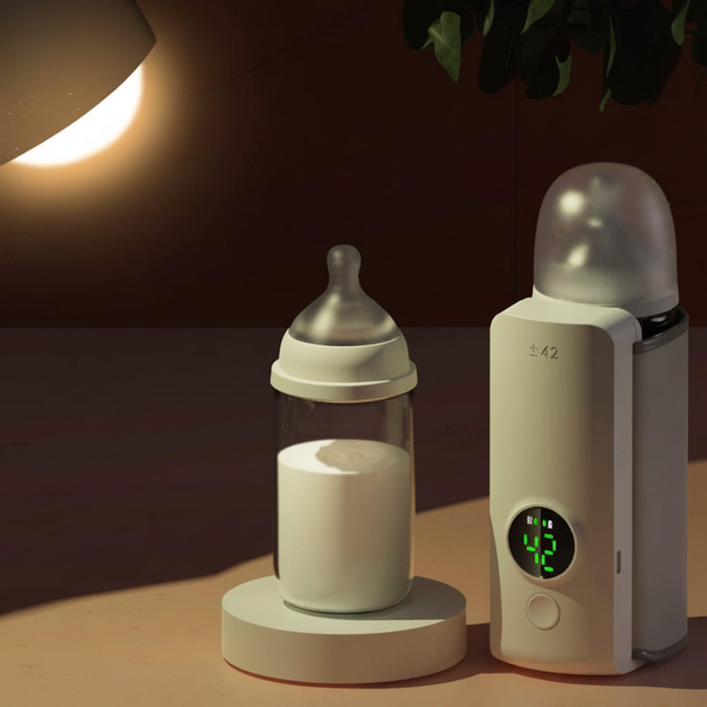 White portable USB bottle warmer with digital display and a baby bottle, set against a dark background.
