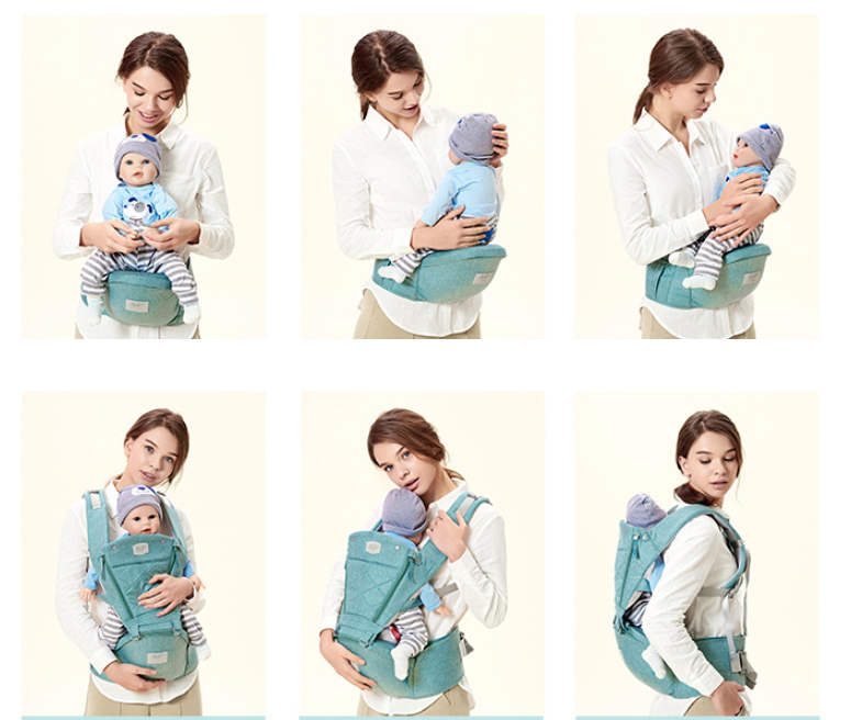 Woman demonstrating a teal ergonomic hip seat baby carrier with a doll, showing multiple wearing positions.