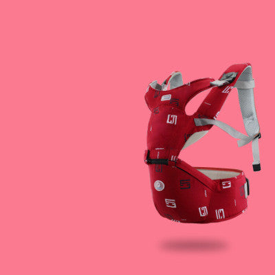 Red ergonomic baby carrier with supportive waist seat and white abstract pattern.