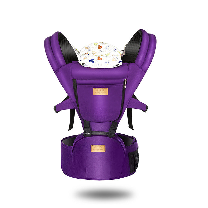 Purple ergonomic baby carrier with breathable fabric, padded straps, and integrated hip seat.