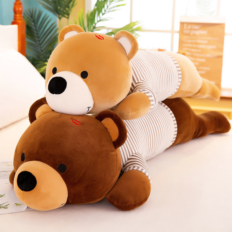 Two soft, 60cm plush lying teddy bears, one light brown and one dark brown, wearing striped shirts.