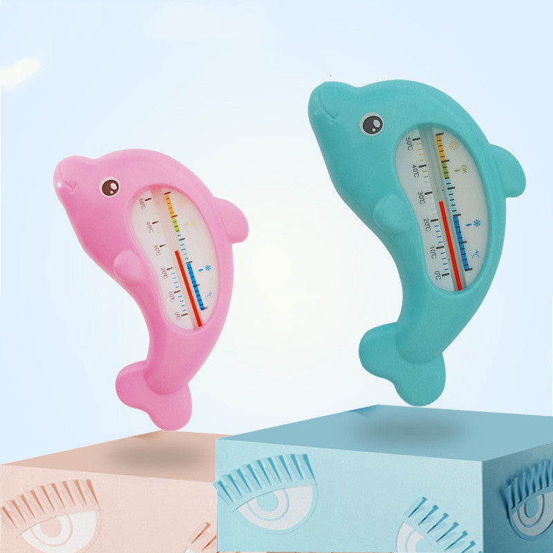 Pink and blue dolphin-shaped baby bath water thermometers, made of durable plastic, with clear temperature scales.