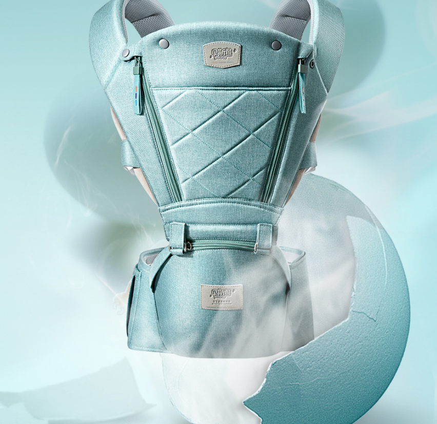 Ergonomic light blue baby hip seat carrier with quilted design and breathable fabric.