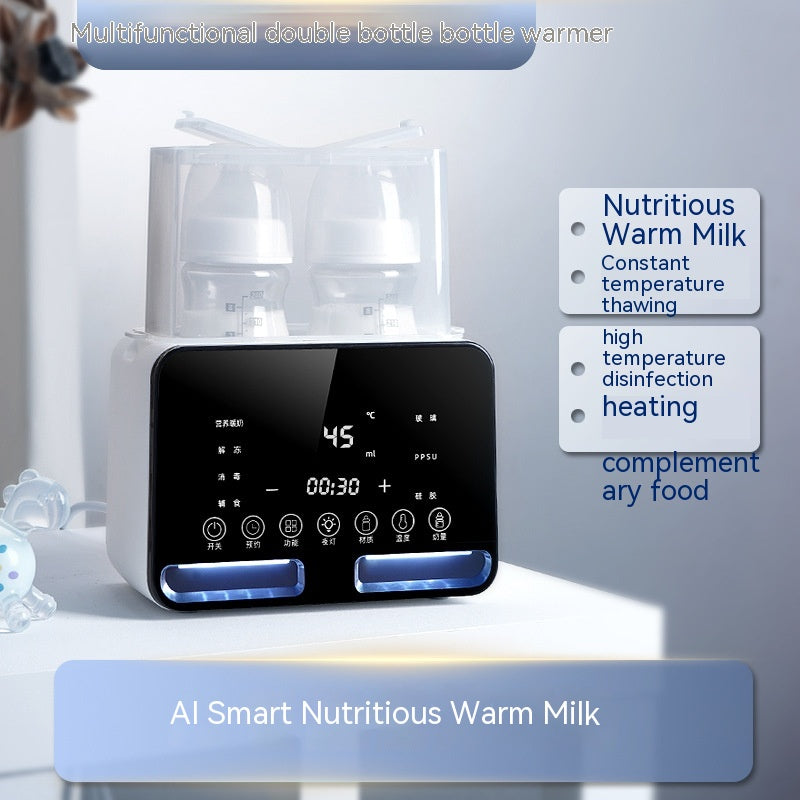 White electric baby bottle warmer and sterilizer with two bottles, digital display, and touch controls.