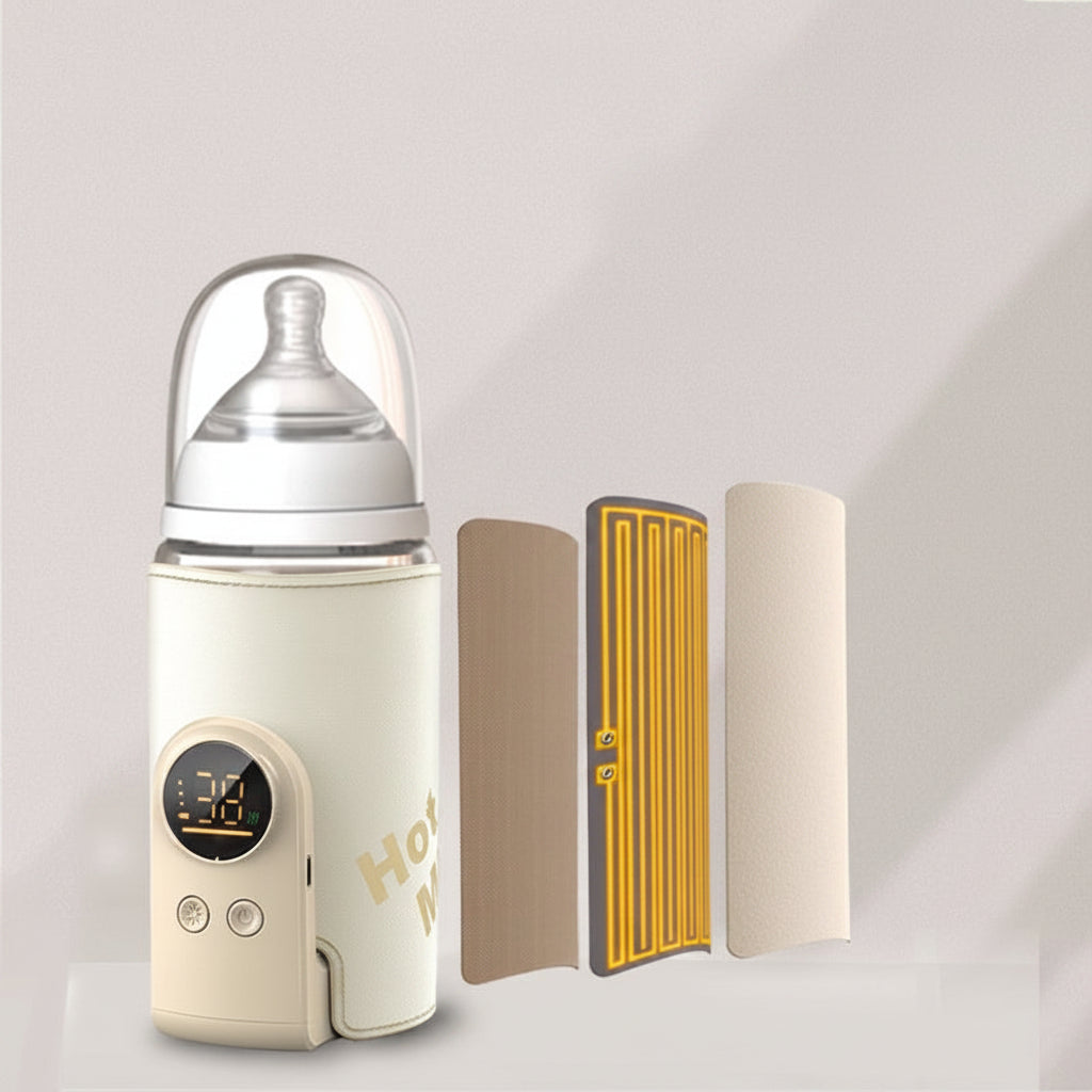 Portable rechargeable baby bottle warmer in cream with smart temperature control and multi-layer insulation.
