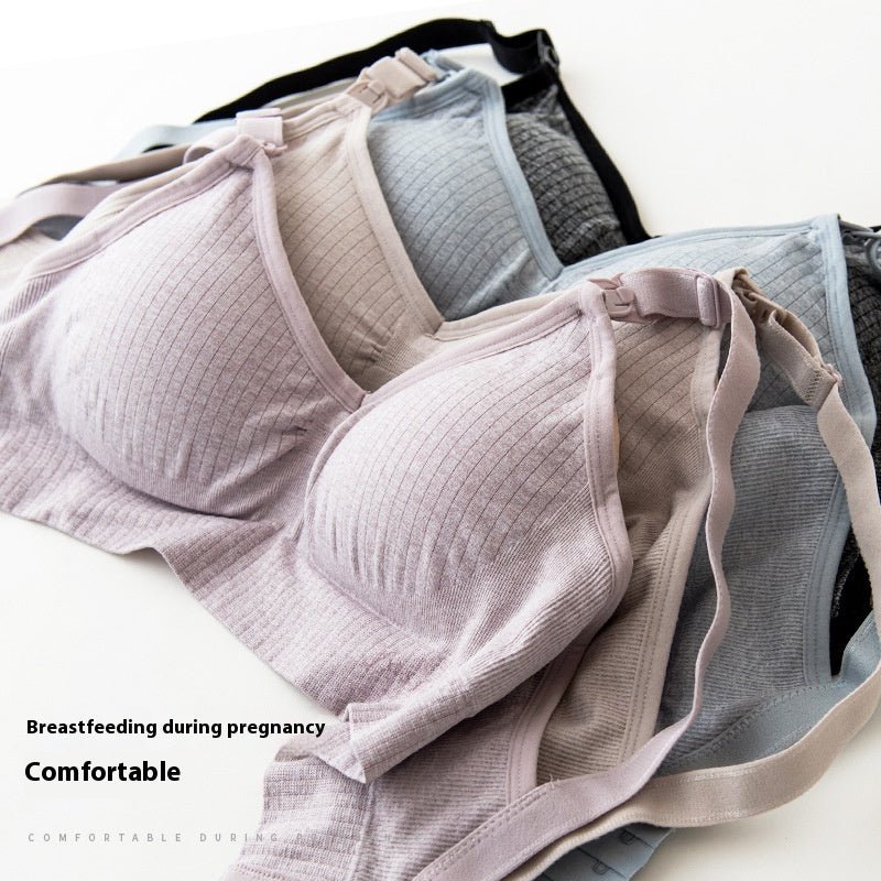 Wireless ribbed nursing bras in lavender, blue, and black, designed for comfort during pregnancy and postpartum.