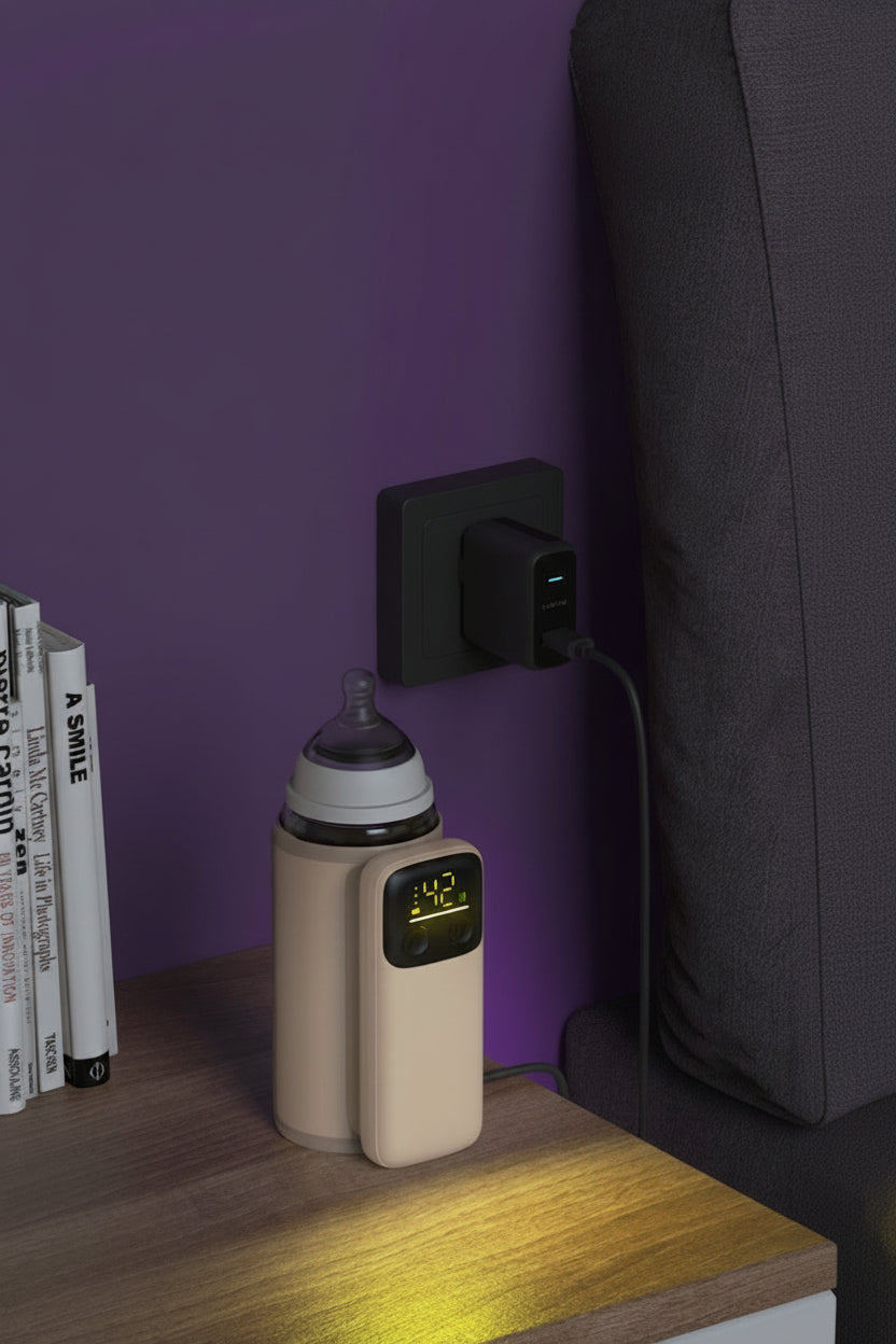 Portable beige baby bottle warmer with digital display, charging on a nightstand.