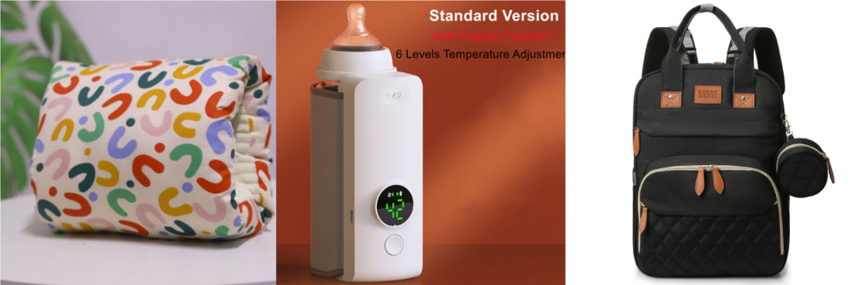 Portable USB baby bottle warmer with smart temperature control, a colorful fabric warmer, and a black diaper backpack.