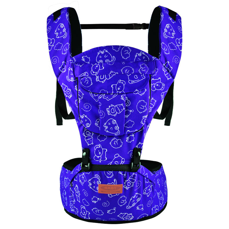 Ergonomic purple baby carrier with white animal print, waist stool, padded straps, and front pocket.