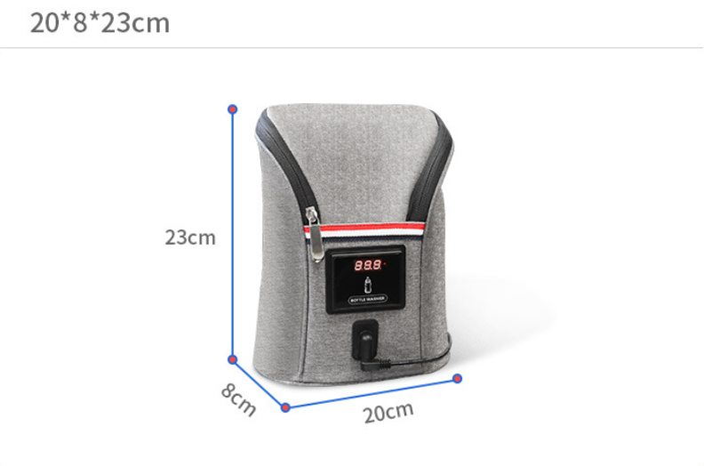 Gray portable USB car bottle warmer with digital temperature display and dimensions.