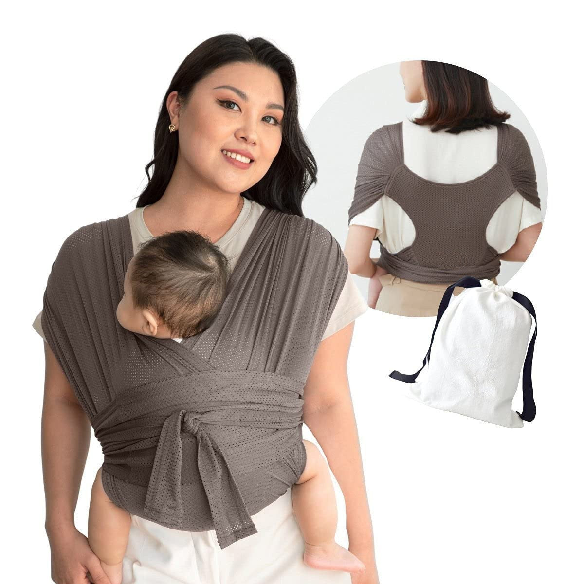 Ergonomic X-Type baby carrier in breathable brown mesh fabric, worn by a mother with baby, includes storage bag.