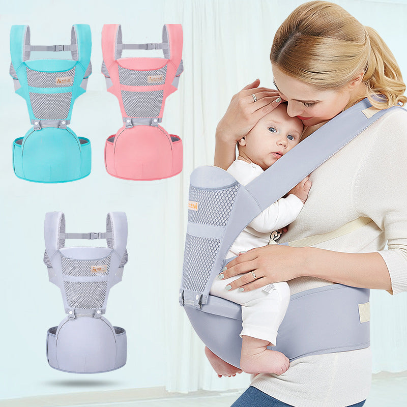Ergonomic baby waist carrier in gray, pink, and blue, featuring breathable mesh and a comfortable hip seat.