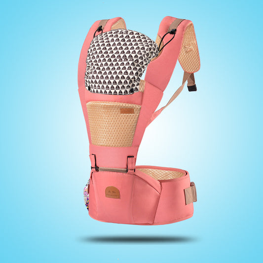 Ergonomic pink baby carrier with breathable fabric, patterned head support, and waist belt.