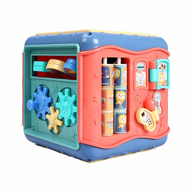 Montessori hexagonal activity cube for babies, featuring gears, bead maze, clock, and animal illustrations.