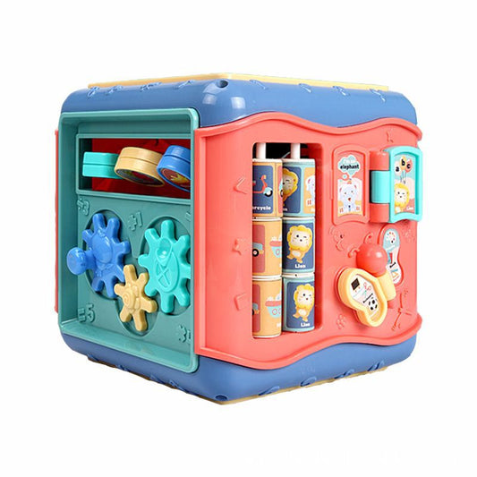Montessori hexagonal activity cube for babies, featuring gears, bead maze, clock, and animal illustrations.