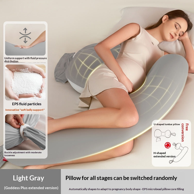 Light gray U-shaped pregnancy pillow supporting a sleeping pregnant woman, with feature callouts.