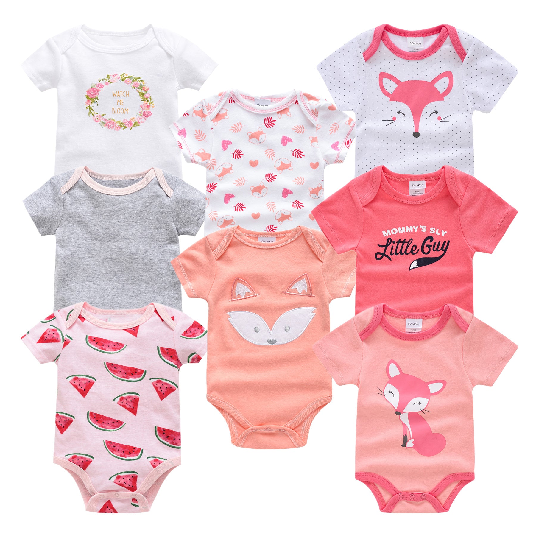 Set of eight short-sleeve baby cotton rompers in white, grey, pink, and peach with various cute prints.