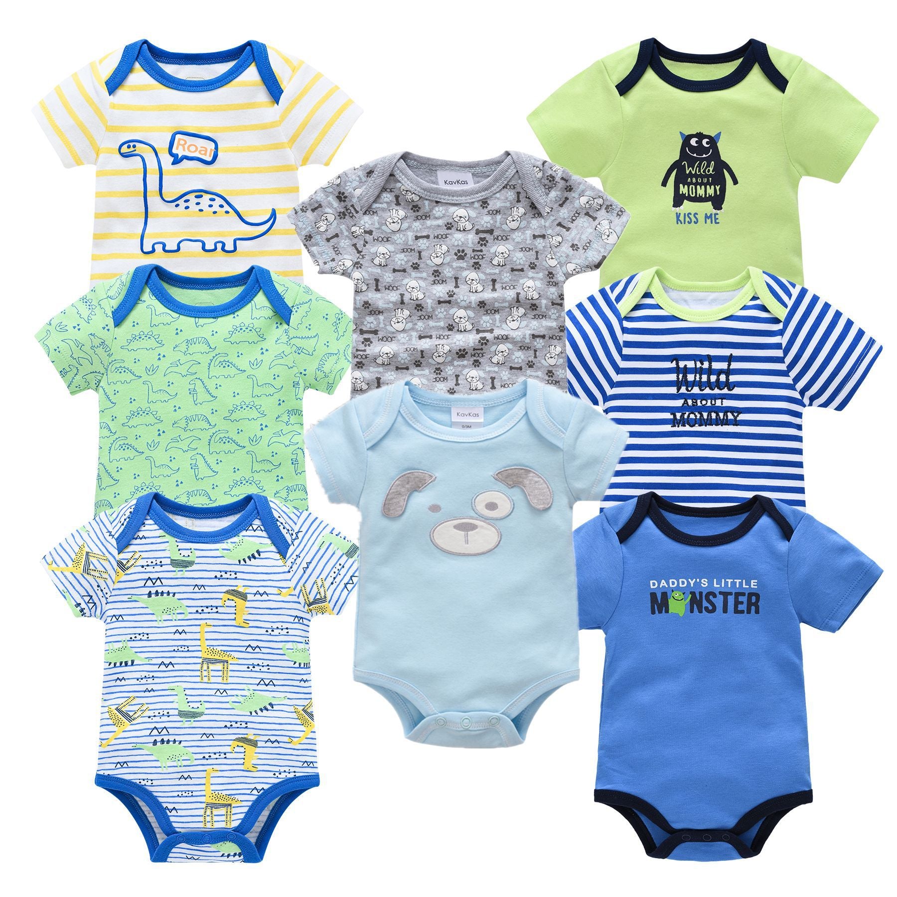 Assorted baby cotton short-sleeve bodysuits with cartoon prints, including dinosaurs, stripes, and puppy designs.