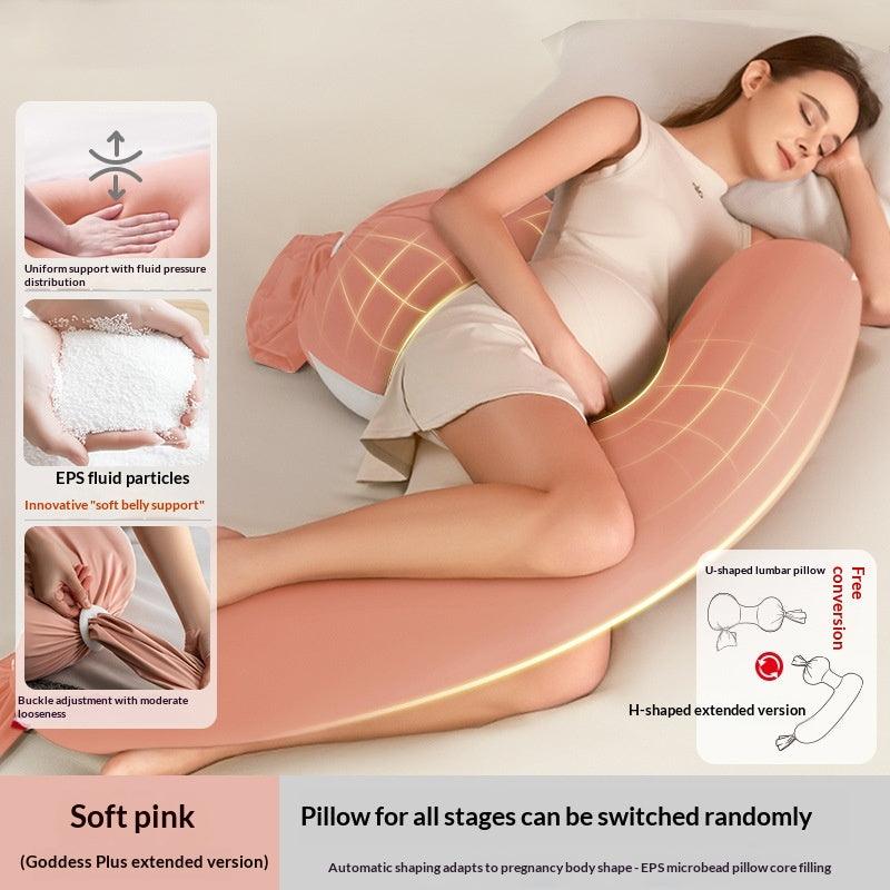 Soft pink U-shaped pregnancy pillow with ergonomic support for back and belly, shown with a sleeping pregnant woman.