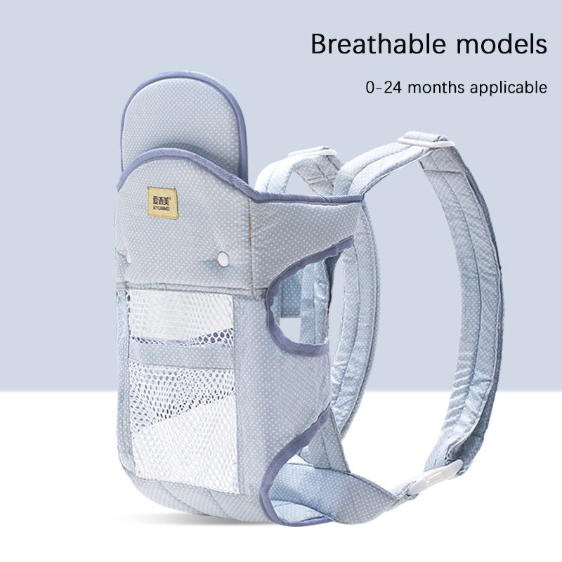 Light blue ergonomic baby carrier with breathable mesh, front pocket, and adjustable straps.
