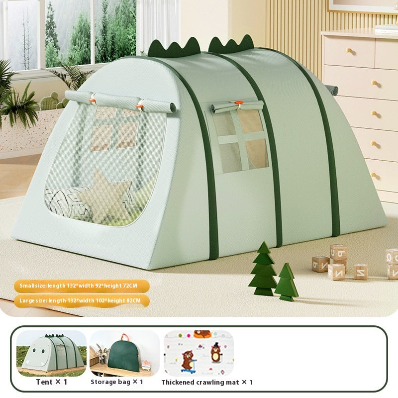Green fabric dinosaur play tent for kids, with mesh window and roll-up door, shown with size details.