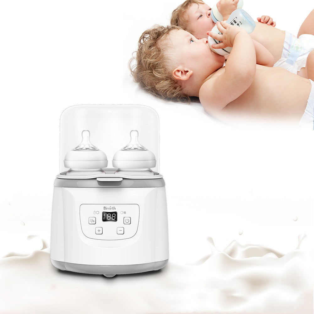 White dual baby bottle warmer and sterilizer with digital display, holding two bottles, against a background of babies feeding and milk splashes.