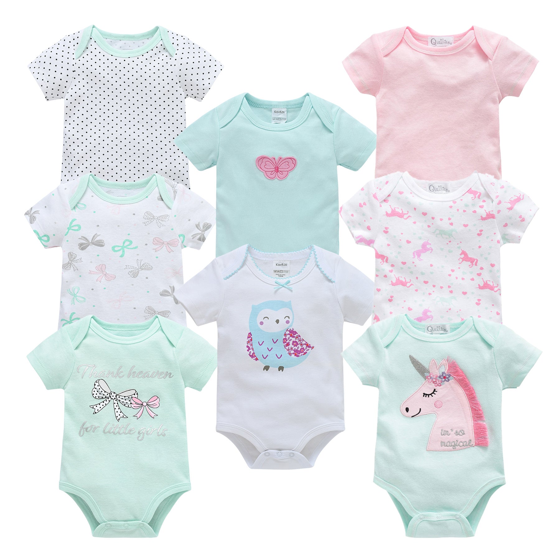 Set of 8 short-sleeve cotton baby bodysuits in pink, mint, and white with various cute prints.