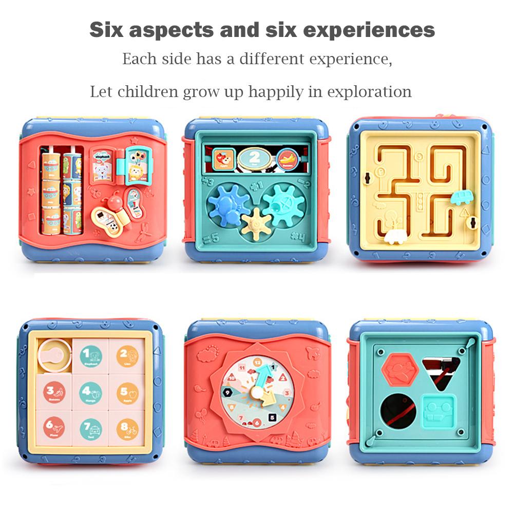 Montessori hexagonal activity cube for babies, featuring a clock, gears, maze, and shape sorter in blue, red, and yellow.